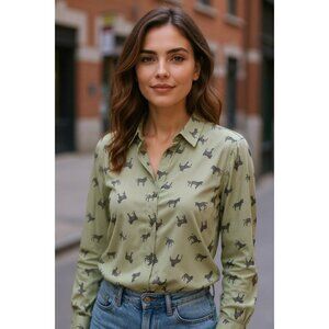 Faden Glory Womens L Shirt Green Zebra Print Button-Up Long Sleeve Blouse